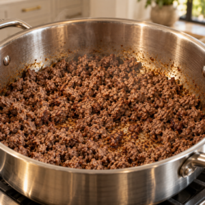 Ground beef fully browned in a stainless-steel pot