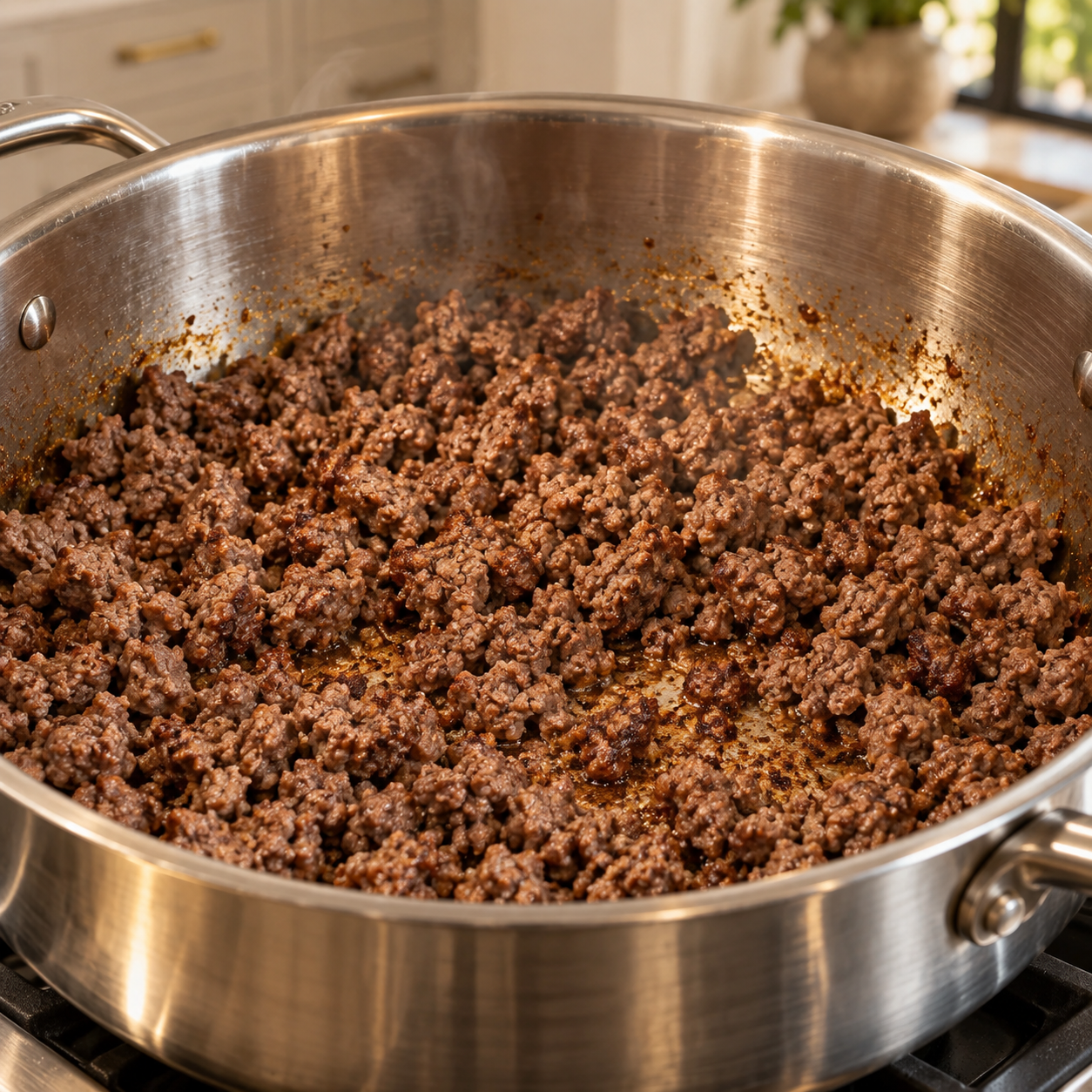 Ground beef fully browned in a stainless-steel pot