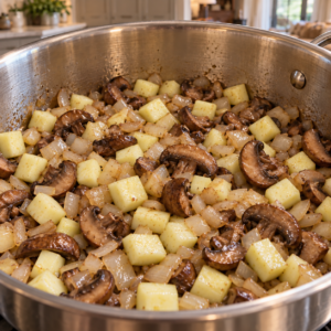 Peeled zucchini, translucent onion, and browned mushrooms cooking in a stainless-steel pot