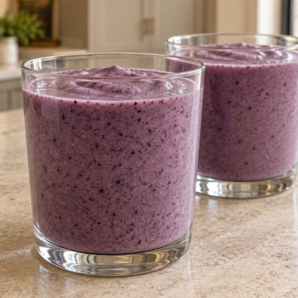 Two glasses of thick dairy-free blueberry banana smoothie made with homemade coconut milk