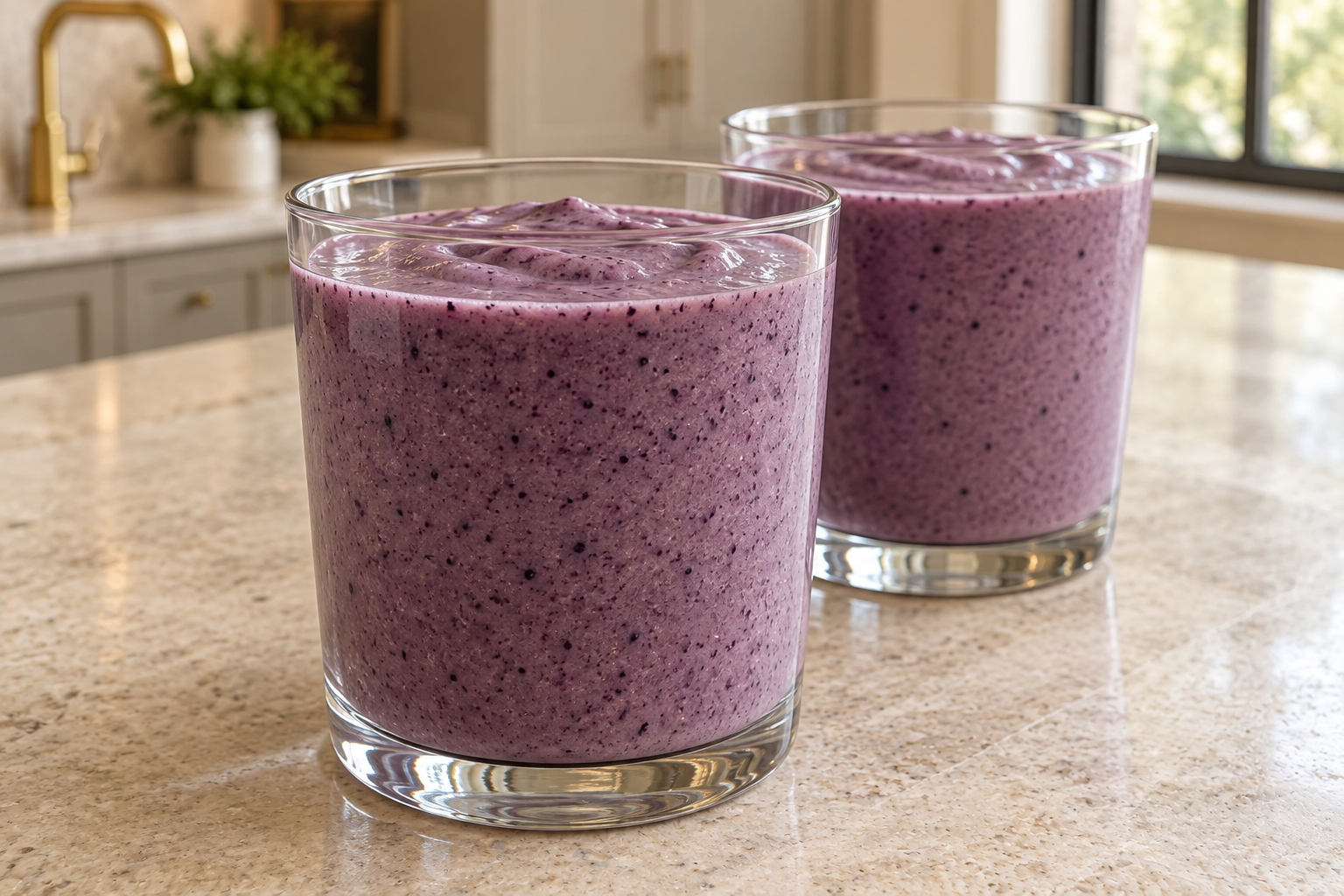 Two glasses of thick dairy-free blueberry banana smoothie made with homemade coconut milk