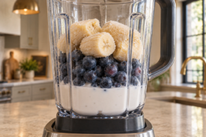 Homemade coconut milk, blueberries, and frozen ripe banana loaded in a blender jar