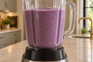 Uniform lavender-purple blueberry banana smoothie paused in a blender jar after blending