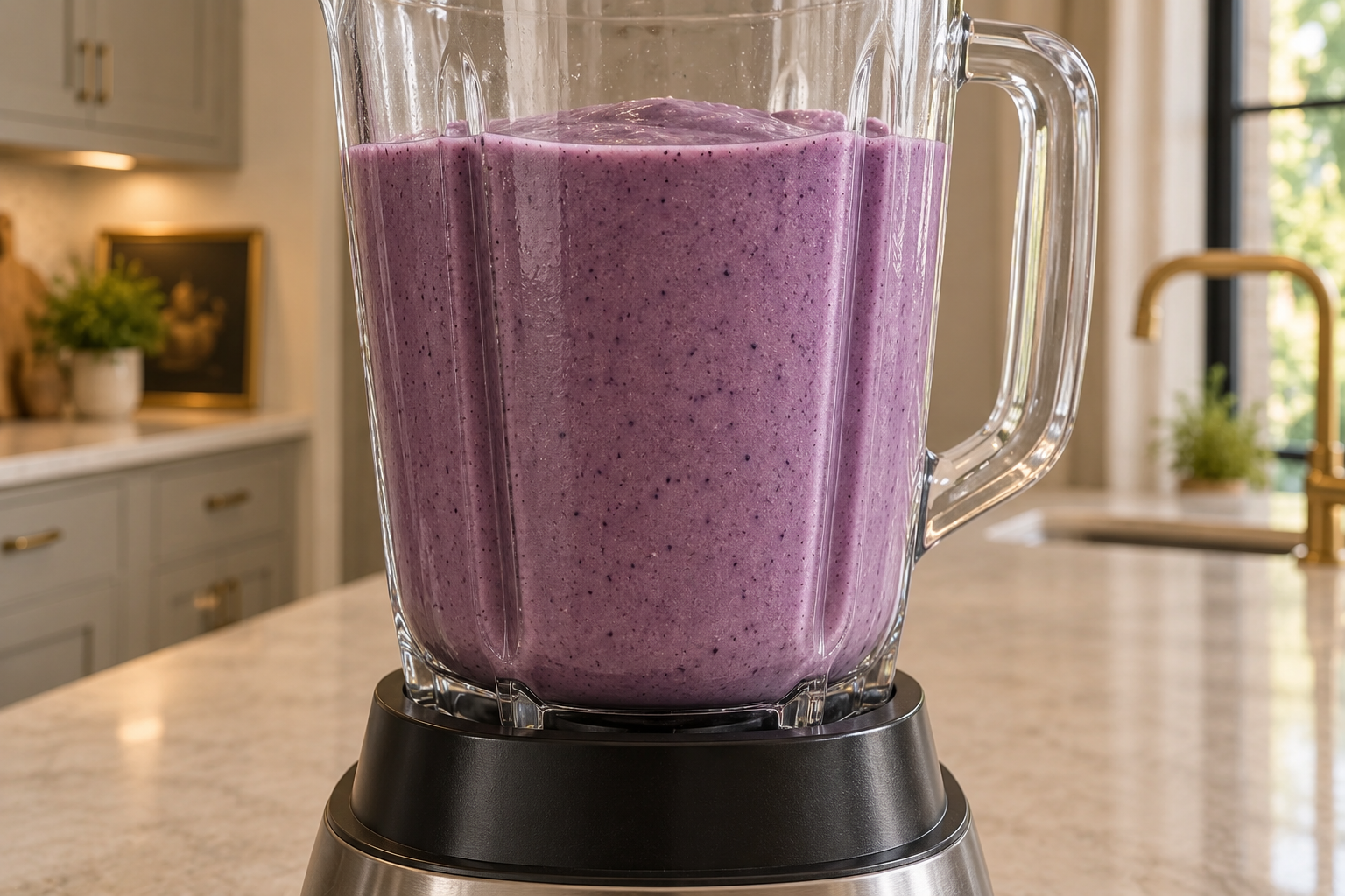 Uniform lavender-purple blueberry banana smoothie paused in a blender jar after blending