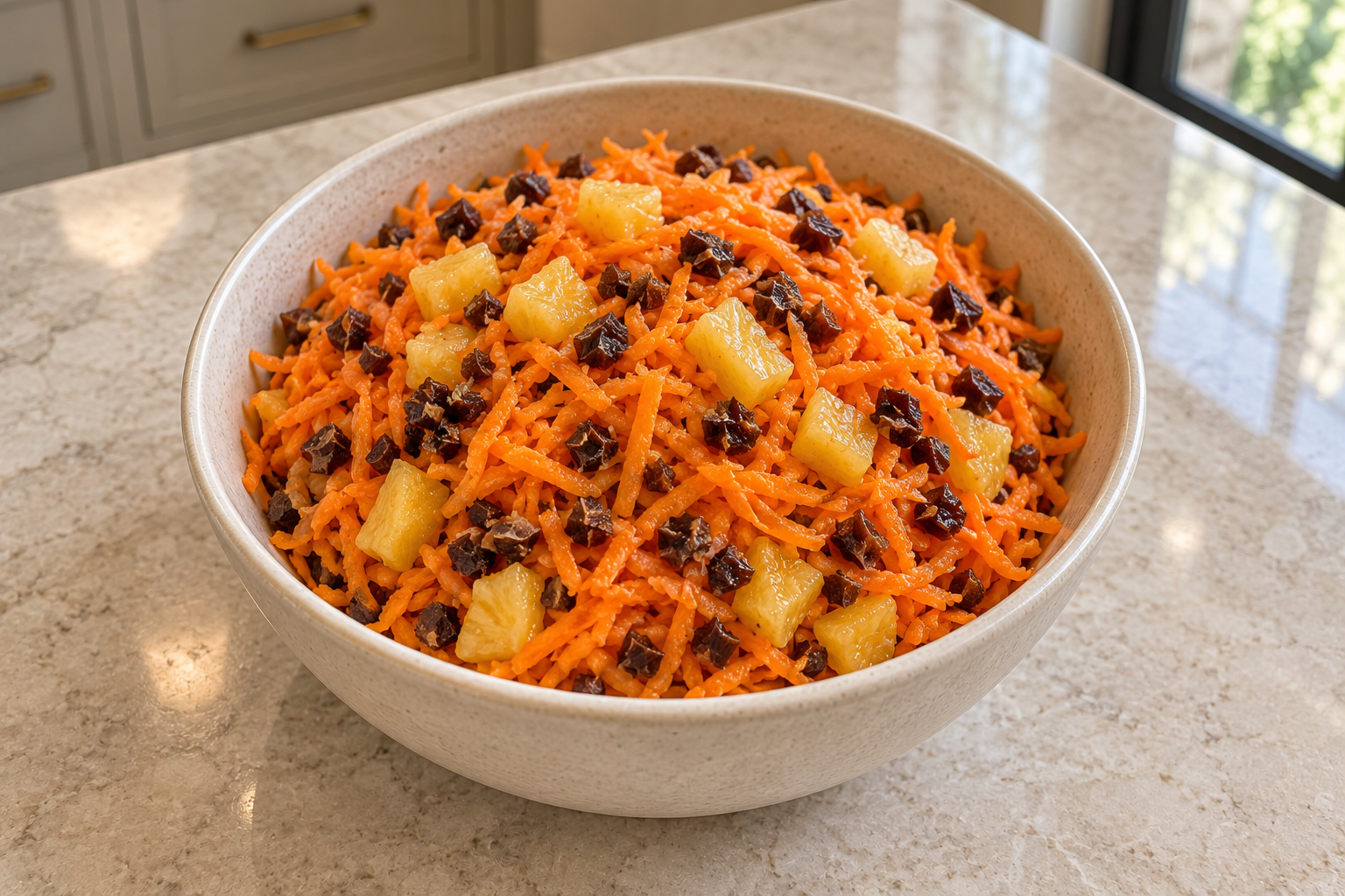 Overhead view of carrot raisin pineapple salad with finely grated carrots