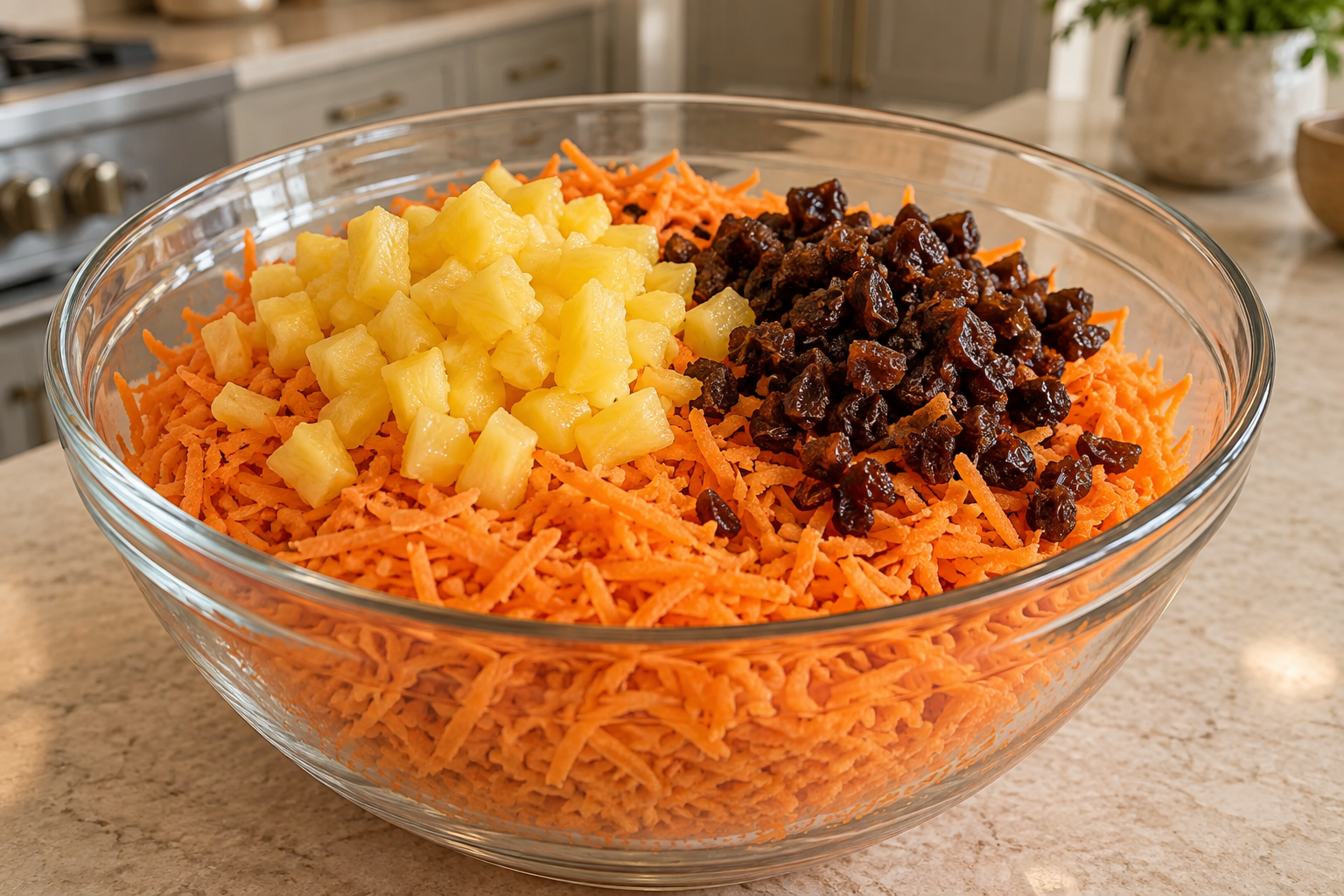 Grated carrots, fresh pineapple, and chopped raisins in a glass bowl before dressing