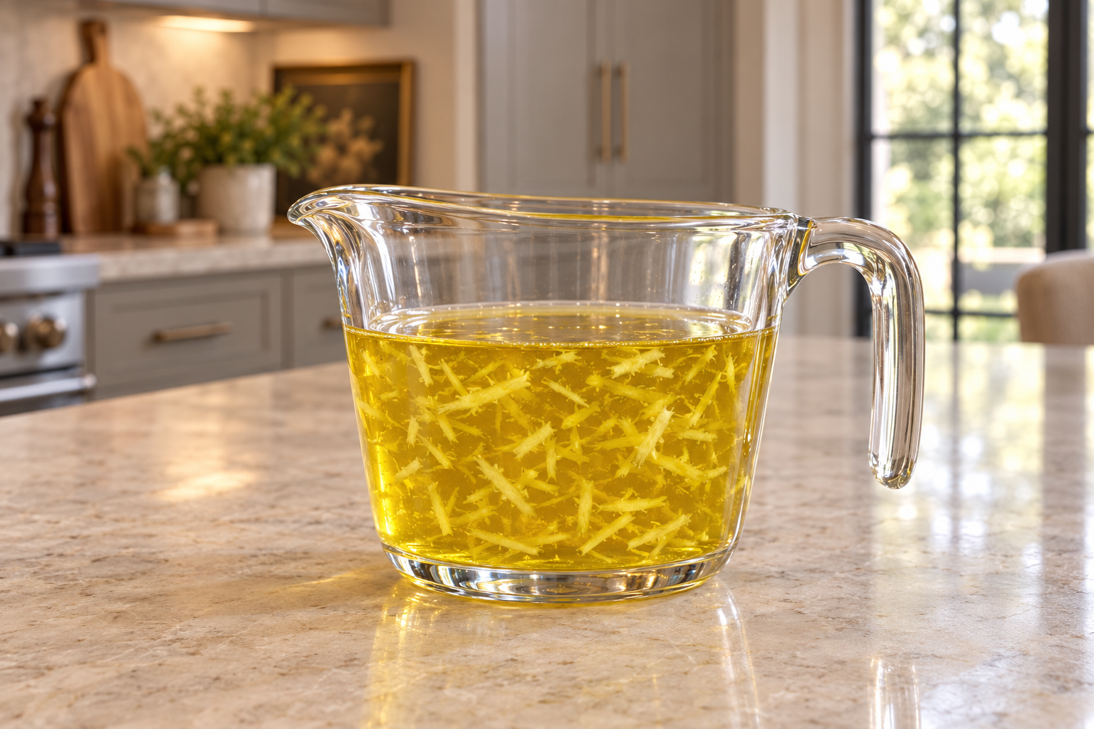 Pale golden raw honey lemon ginger dressing in a glass measuring cup