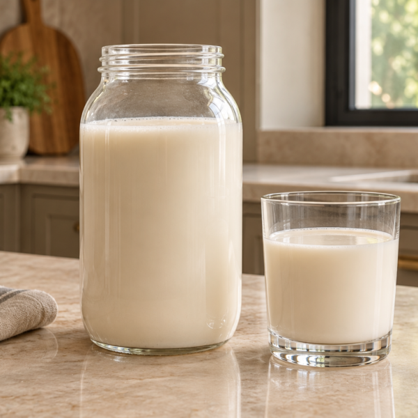 Standard fermented nut or seed milk for Full GAPS in a glass jar and drinking glass