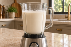 Blended soaked almonds and filtered water at the uniformly cloudy stage