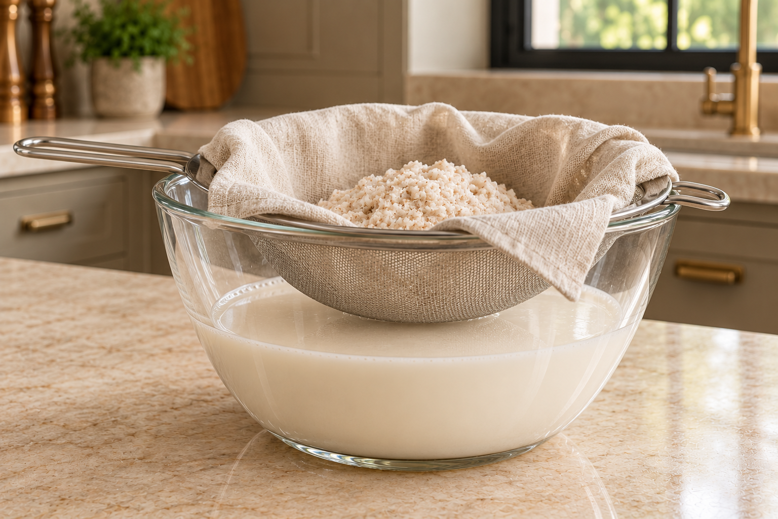 Almond pulp in a supported cloth-lined strainer with smooth milk collected below