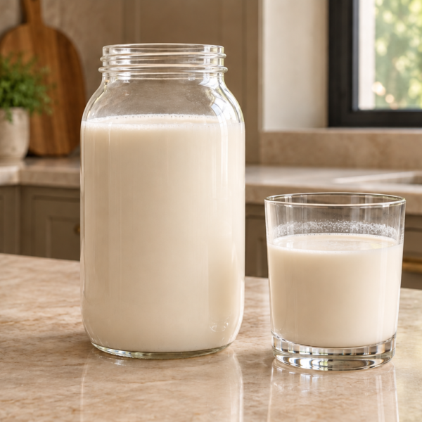 Thick fermented nut or seed milk for Full GAPS in a glass jar and drinking glass