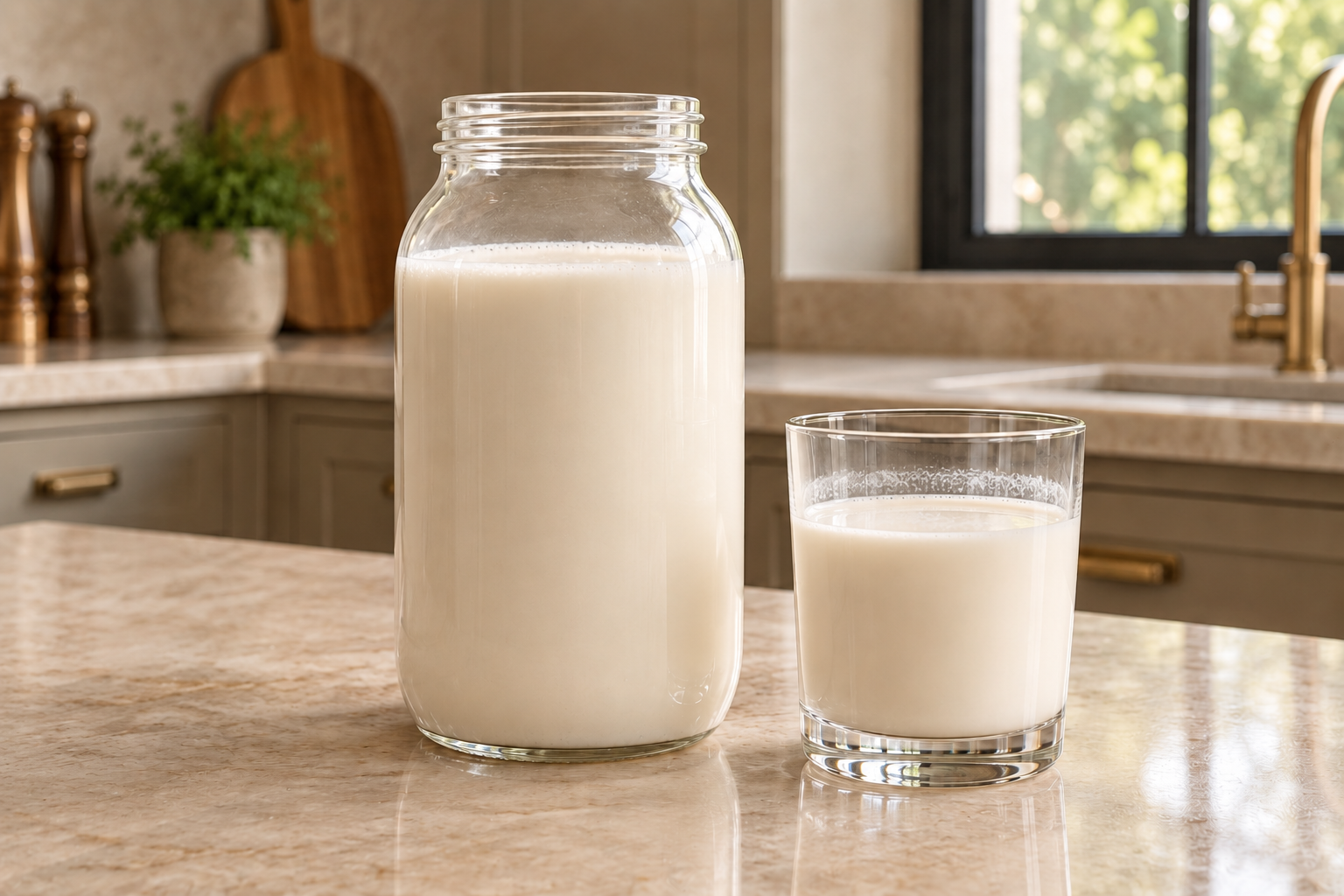 Thick fermented nut or seed milk for Full GAPS in a glass jar and drinking glass