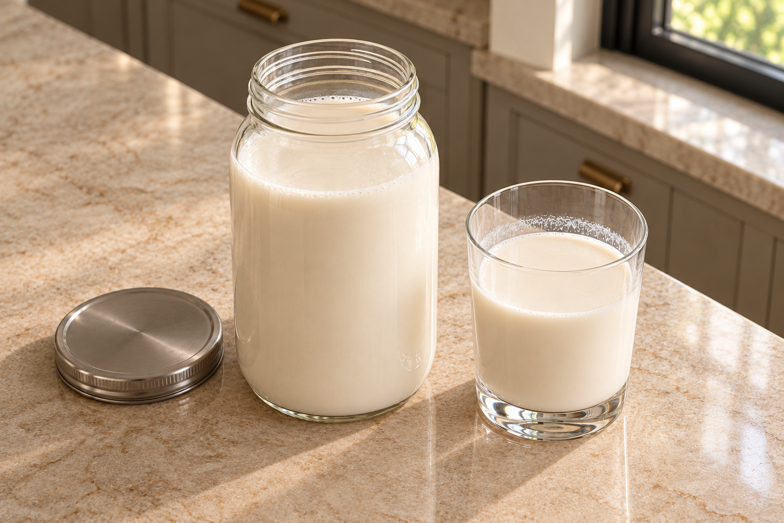 Thick fermented nut or seed milk with a creamy coating line in the serving glass