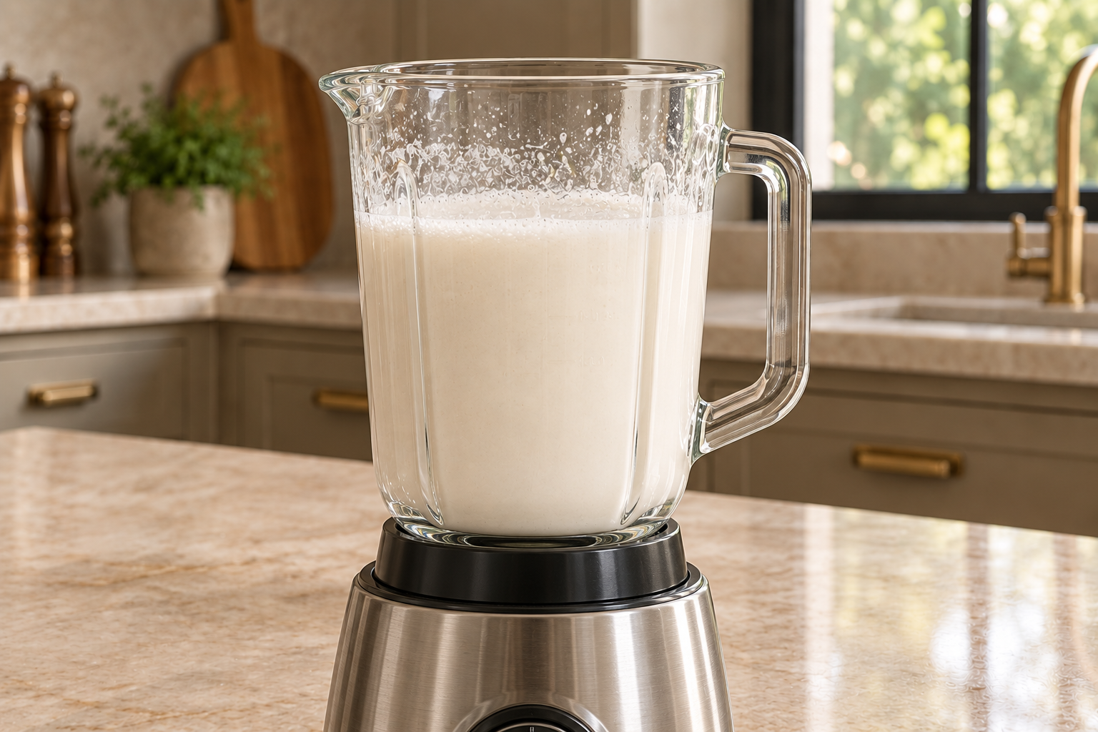 Blended soaked almonds and three and one-half cups water at the creamy uniform stage