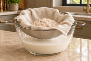 Almond pulp in a supported cloth strainer with thick smooth milk collected below