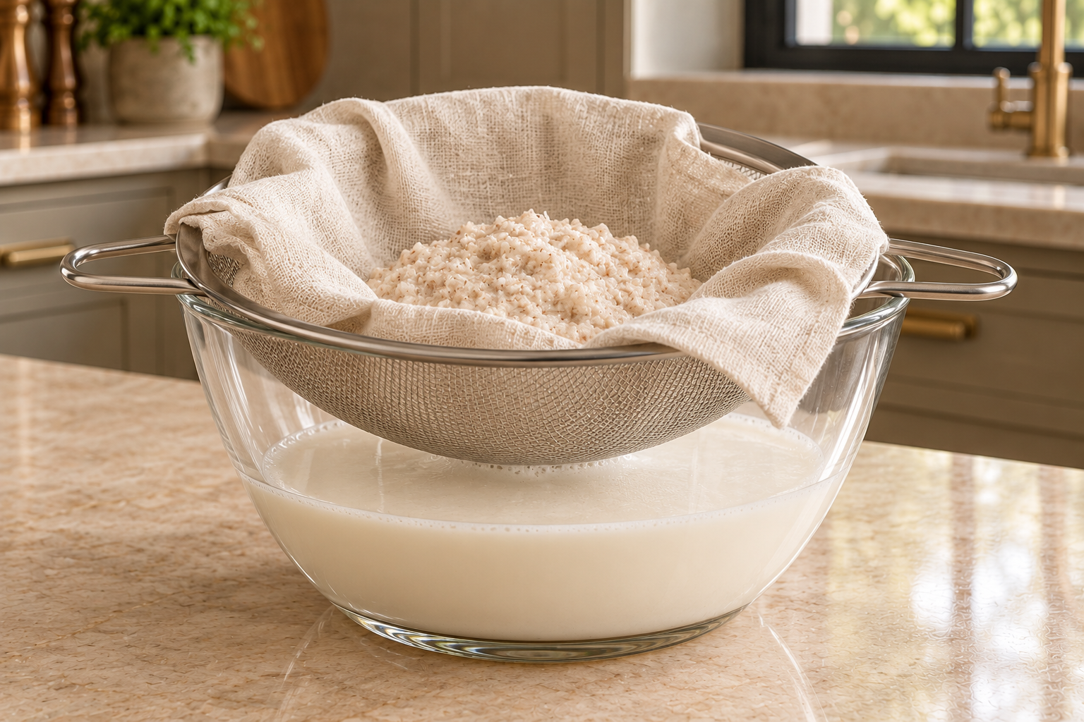 Almond pulp in a supported cloth strainer with thick smooth milk collected below