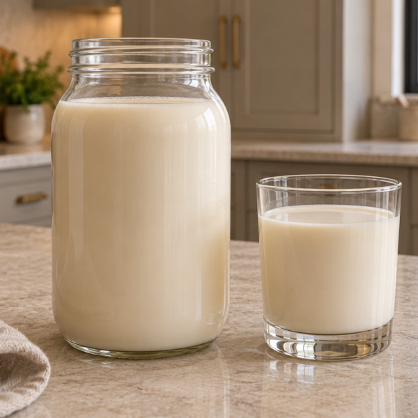 Fermented sesame milk for Full GAPS in a glass jar and drinking glass