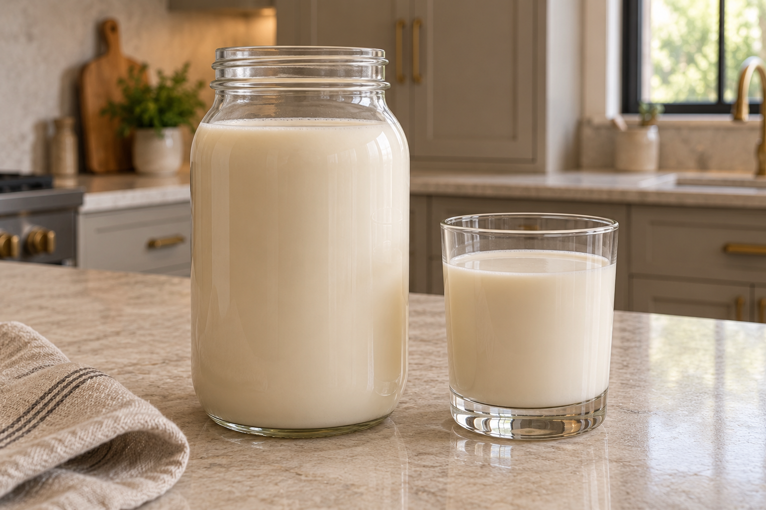 Fermented sesame milk for Full GAPS in a glass jar and drinking glass