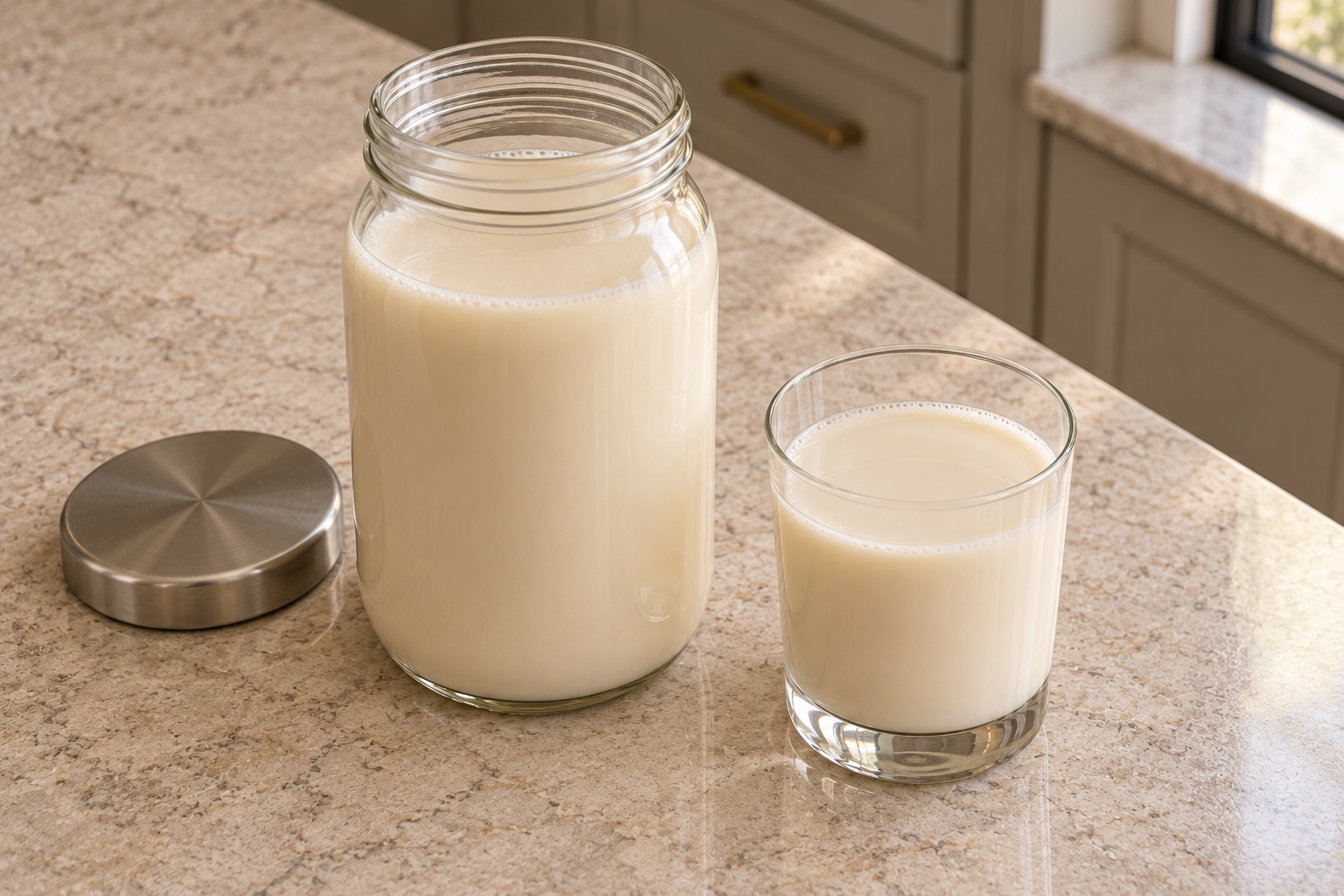 Fermented sesame milk with a subtle cream line from an overhead angle