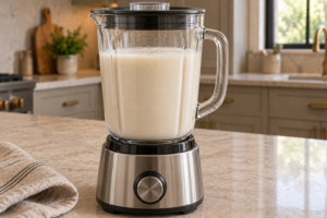 Blended hulled sesame seeds and three cups water at the uniform pale ivory stage