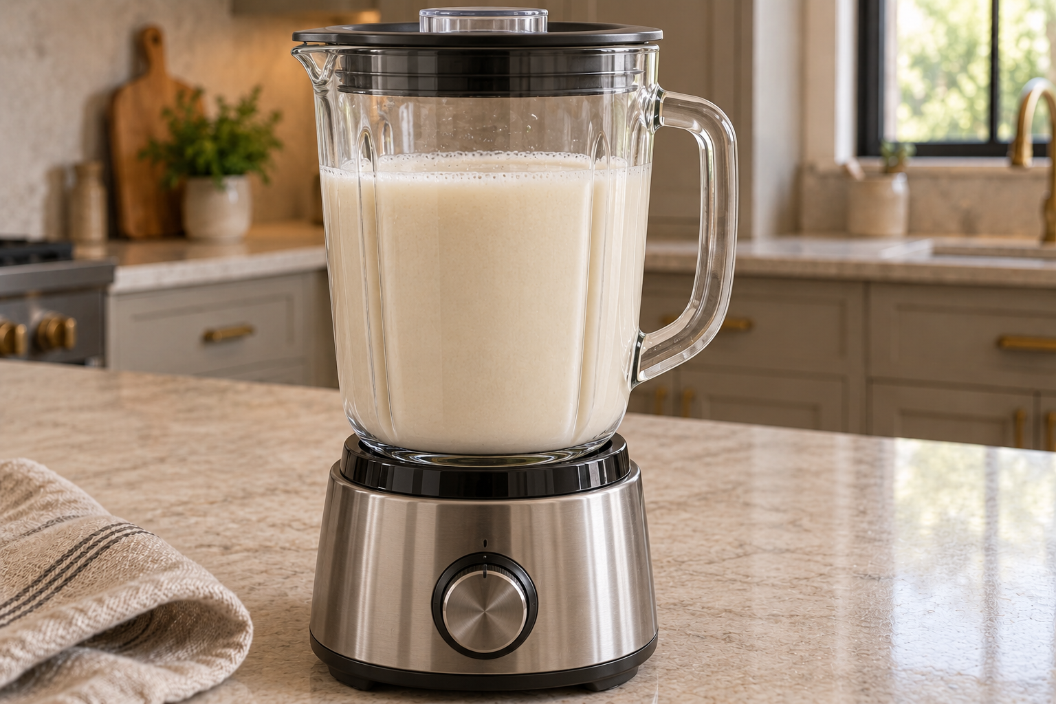 Blended hulled sesame seeds and three cups water at the uniform pale ivory stage