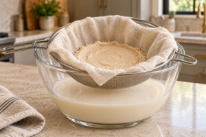 Fine sesame paste in a supported cloth strainer with smooth sesame milk below