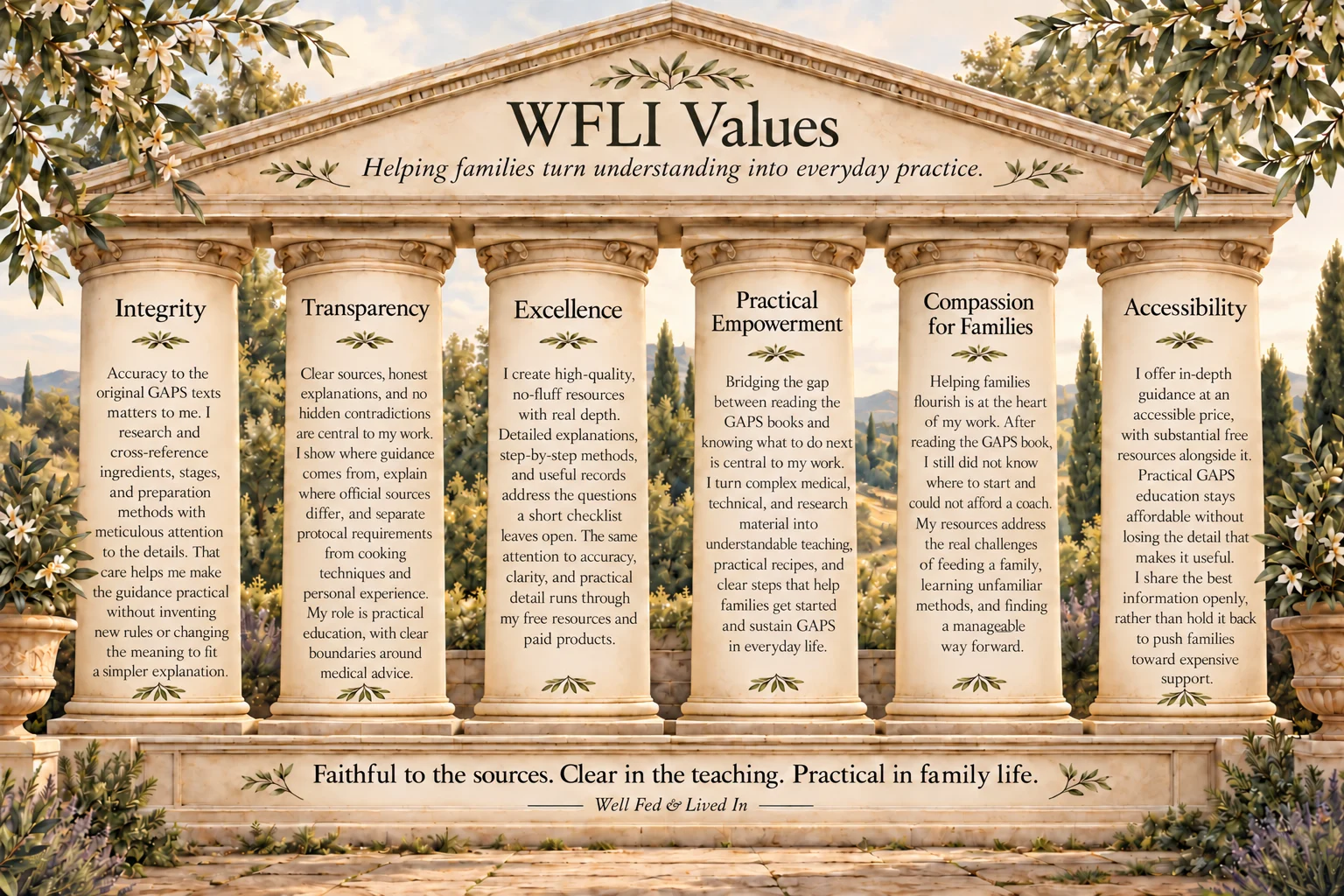 Six pillars representing my values: Integrity, Transparency, Excellence, Practical Empowerment, Compassion for Families, and Accessibility.