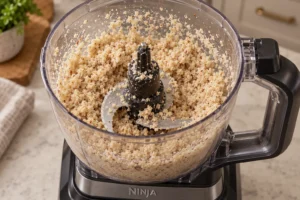 Moist fermented almond flour coating the used Ninja BN801 food processor bowl and stopped blades