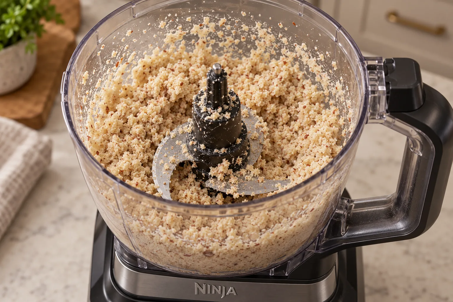Moist fermented almond flour coating the used Ninja BN801 food processor bowl and stopped blades