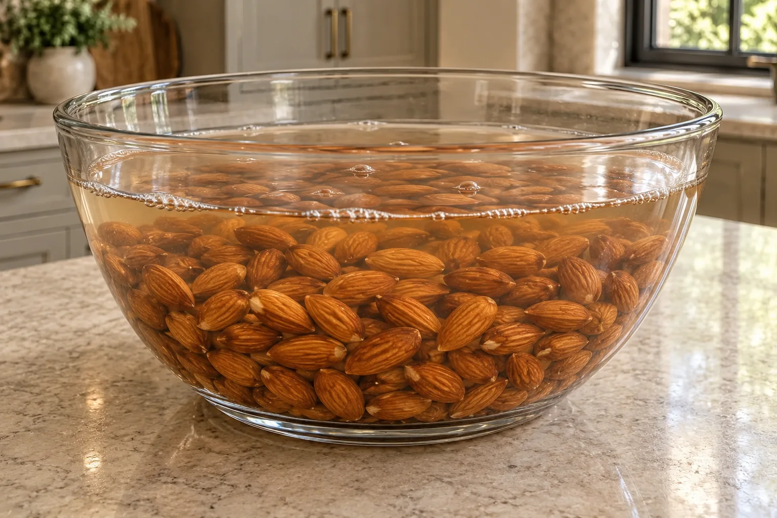 Whole almonds submerged in whey and filtered water for fresh fermented GAPS almond flour