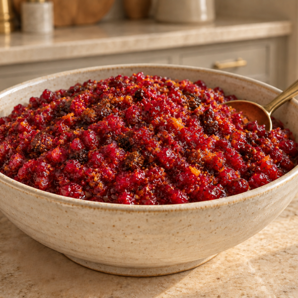 Finely minced fermented cranberry sauce with figs citrus and raw honey in a cream bowl