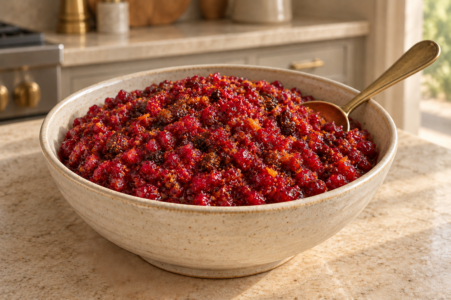 Finely minced fermented cranberry sauce with figs citrus and raw honey in a cream bowl