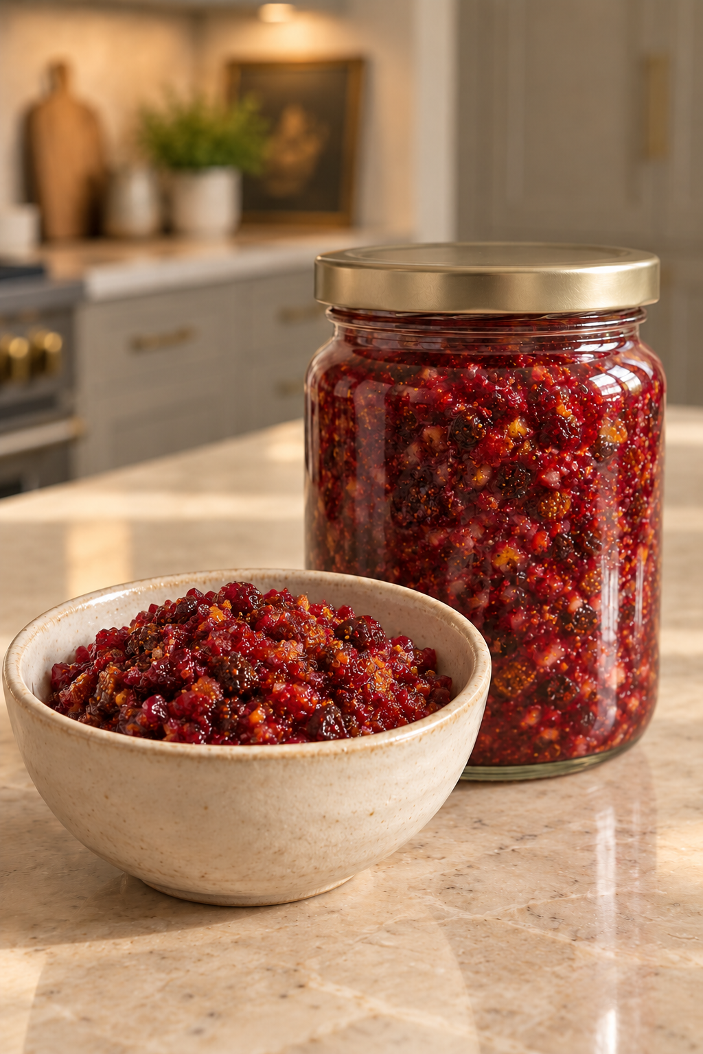 Fermented cranberry fig citrus sauce in a storage jar and serving bowl
