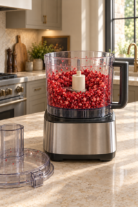 Fresh cranberries pulsed into small minced pieces in a food processor