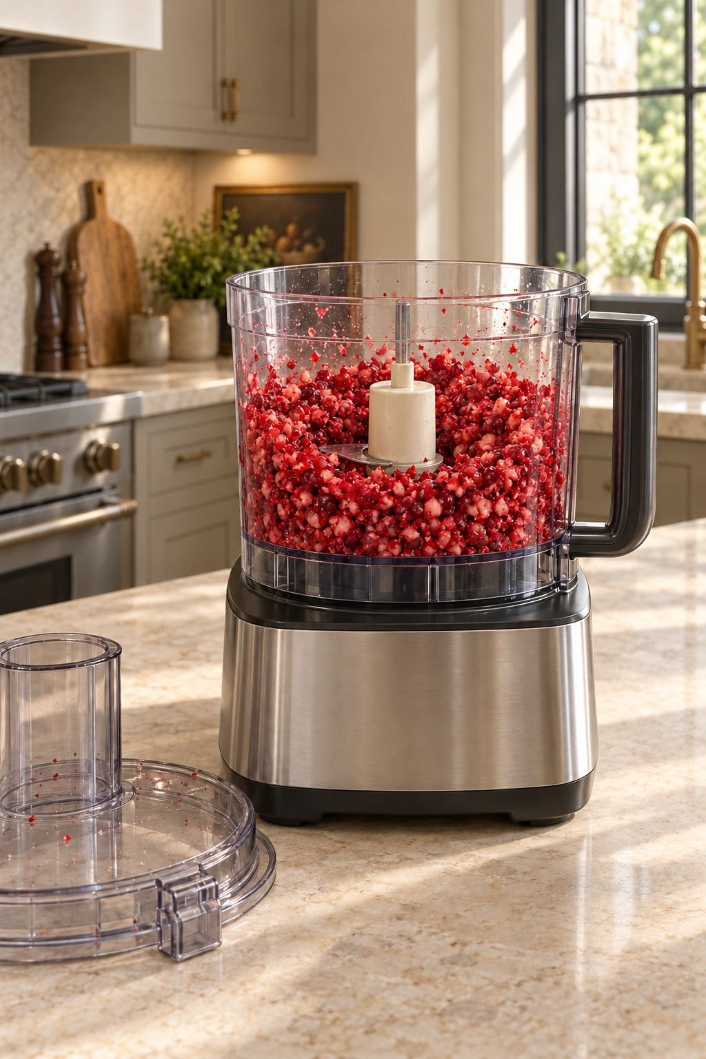 Fresh cranberries pulsed into small minced pieces in a food processor