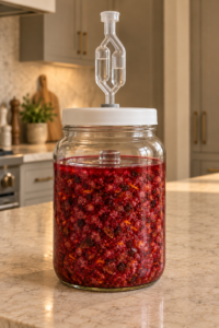 Minced cranberry sauce submerged under a glass weight in a closed airlock fermentation jar