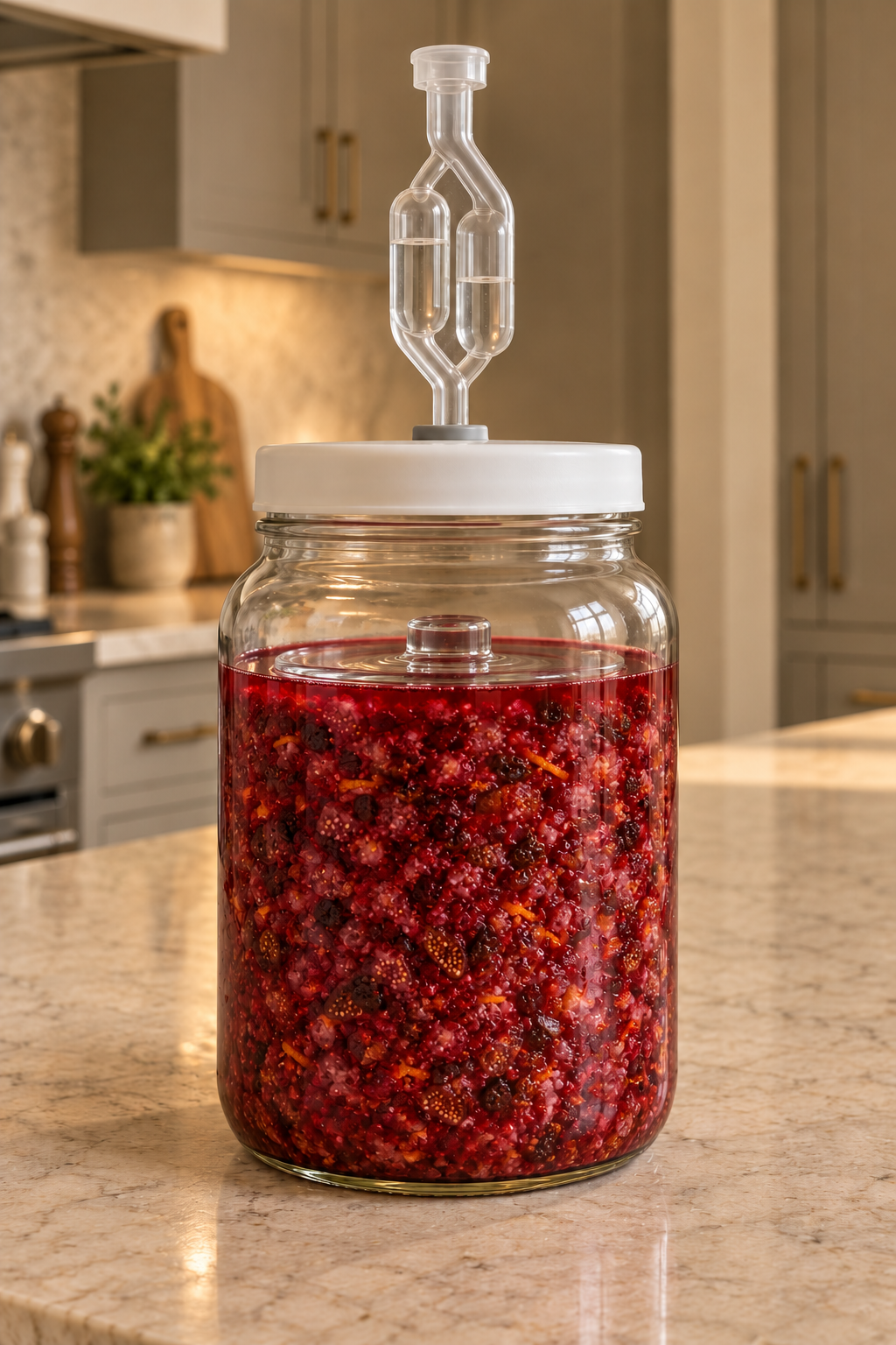 Minced cranberry sauce submerged under a glass weight in a closed airlock fermentation jar