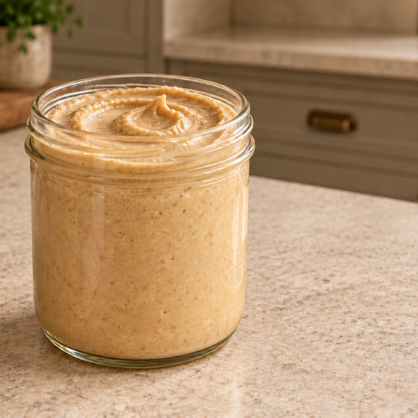 Pale properly prepared fermented peanut butter in a clear glass jar