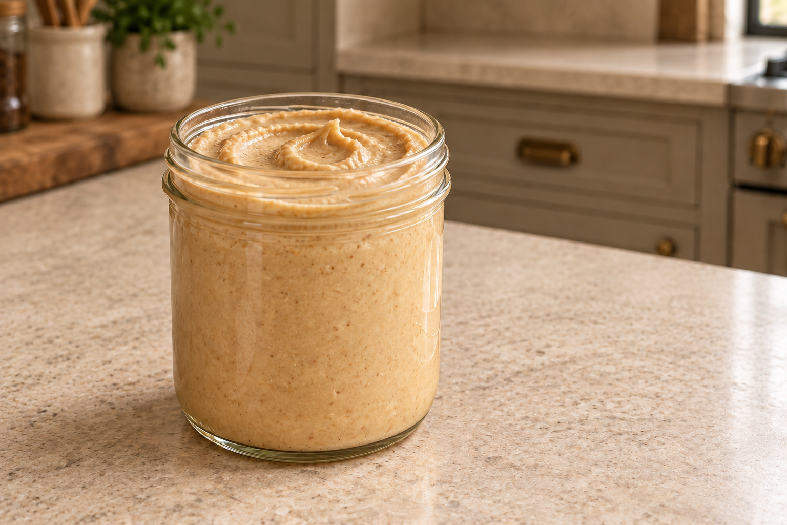 Pale properly prepared fermented peanut butter in a clear glass jar
