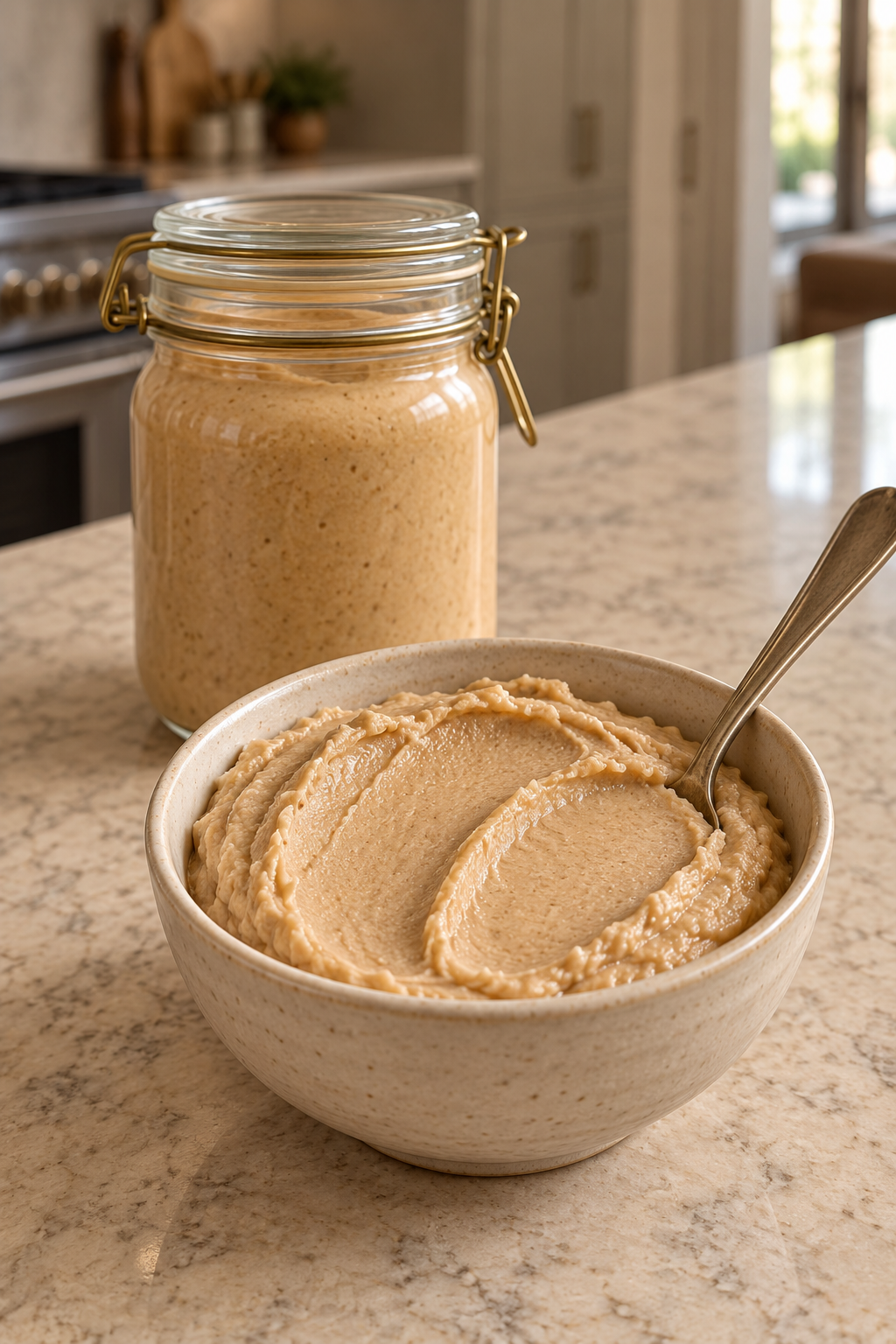 Properly prepared fermented peanut butter in a cream bowl and storage jar
