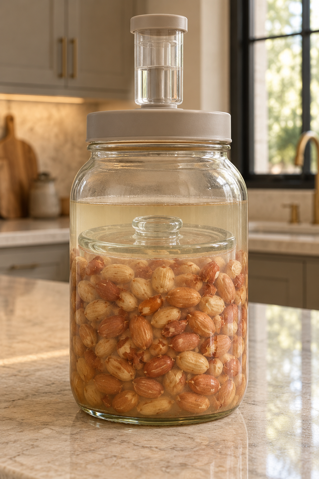 Raw peanuts fully submerged under a glass weight in a closed fermentation jar