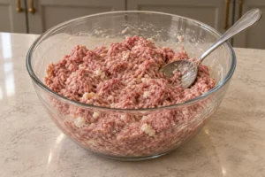 Ground beef, goat cheese, eggs and natural salt mixed in a glass bowl for Full GAPS meatloaf