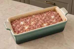 Raw goat cheese meatloaf for Full GAPS shaped in a parchment-lined Artichaut loaf pan before baking