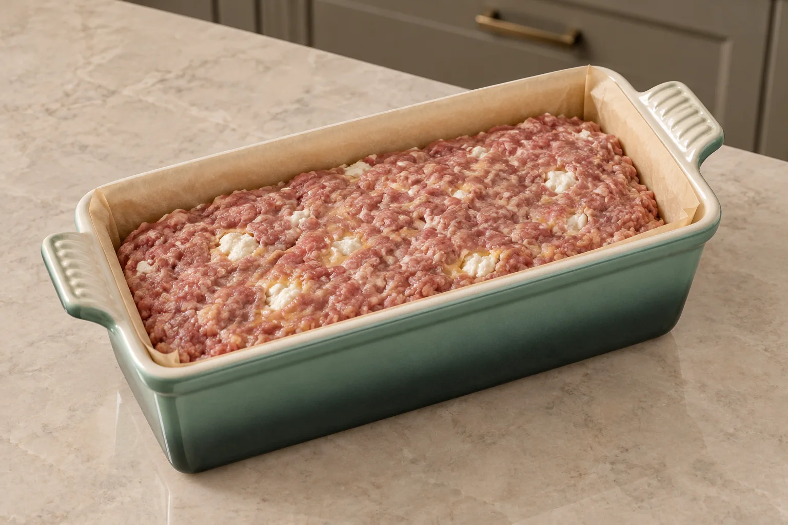 Raw goat cheese meatloaf for Full GAPS shaped in a parchment-lined Artichaut loaf pan before baking