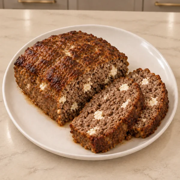 Flourless goat cheese meatloaf for Full GAPS with two slices showing the moist beef and cheese crumb