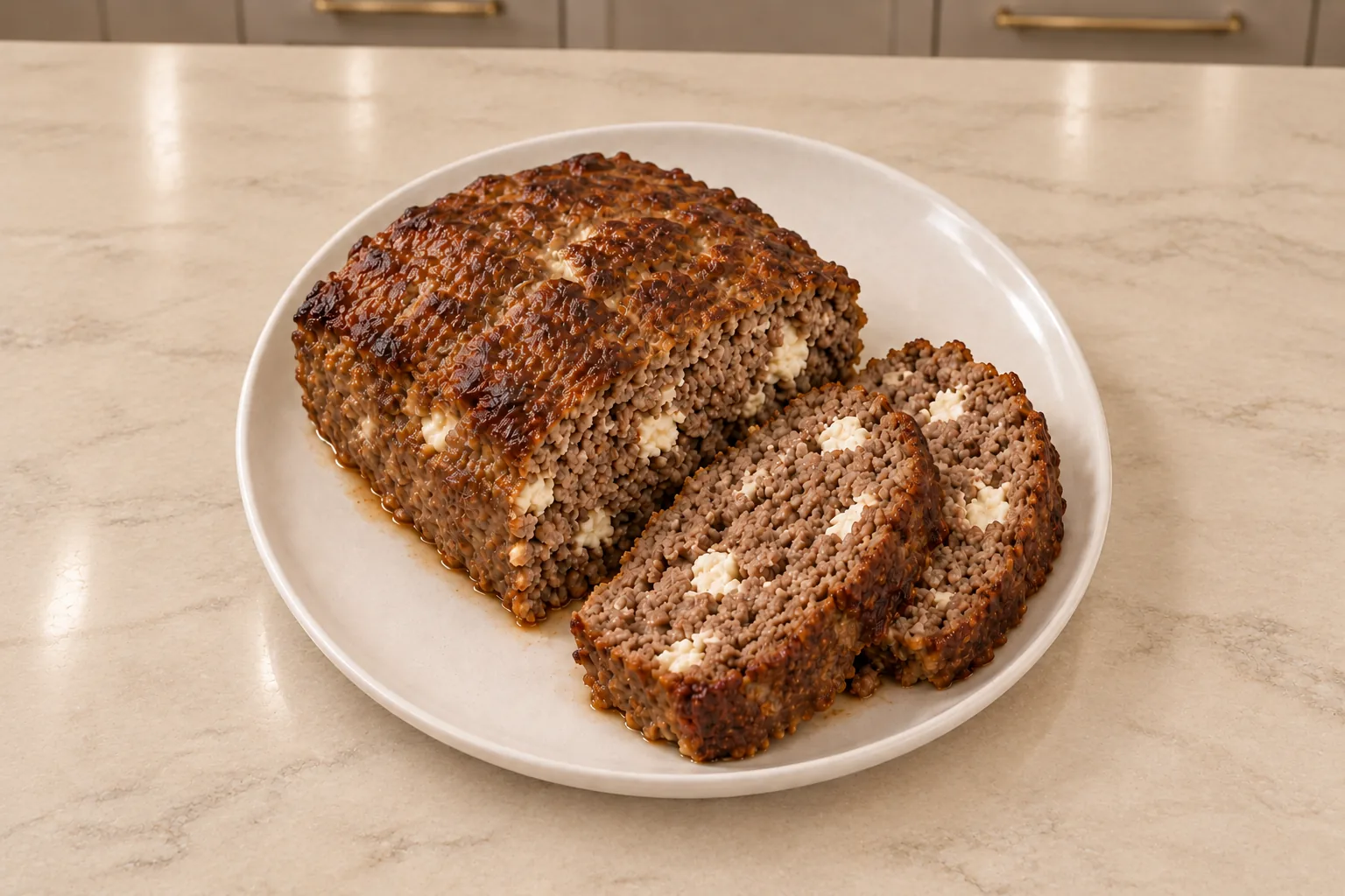 Flourless goat cheese meatloaf for Full GAPS with two slices showing the moist beef and cheese crumb