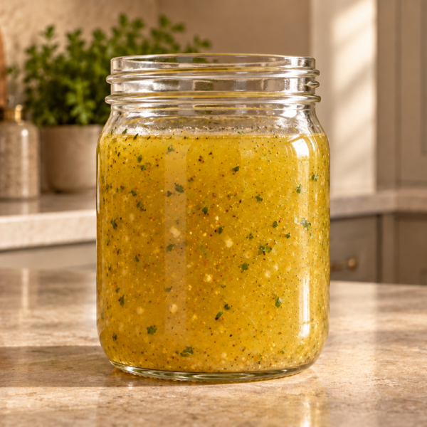 Golden fresh sage vinaigrette evenly emulsified in a clear glass jar