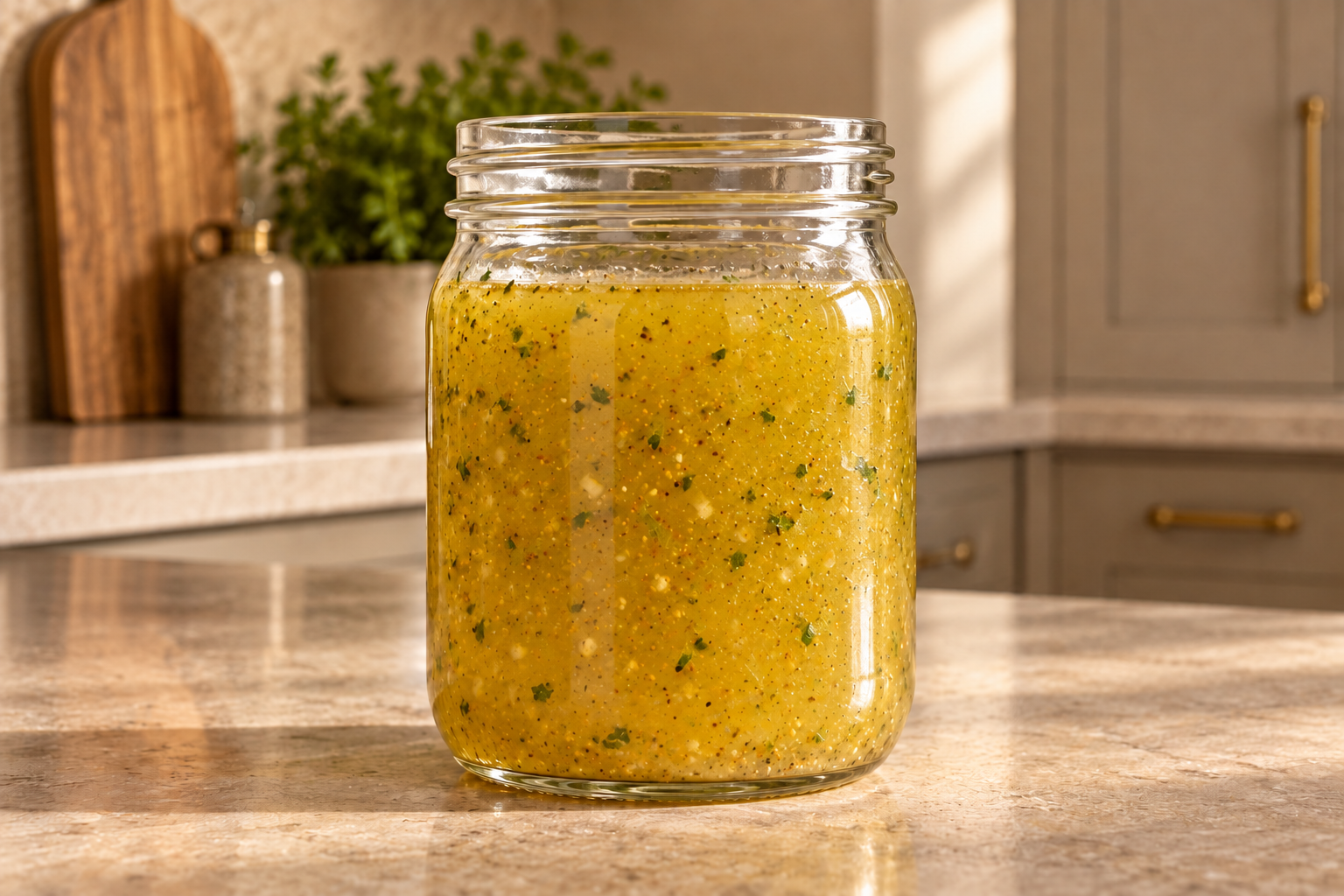 Golden fresh sage vinaigrette evenly emulsified in a clear glass jar