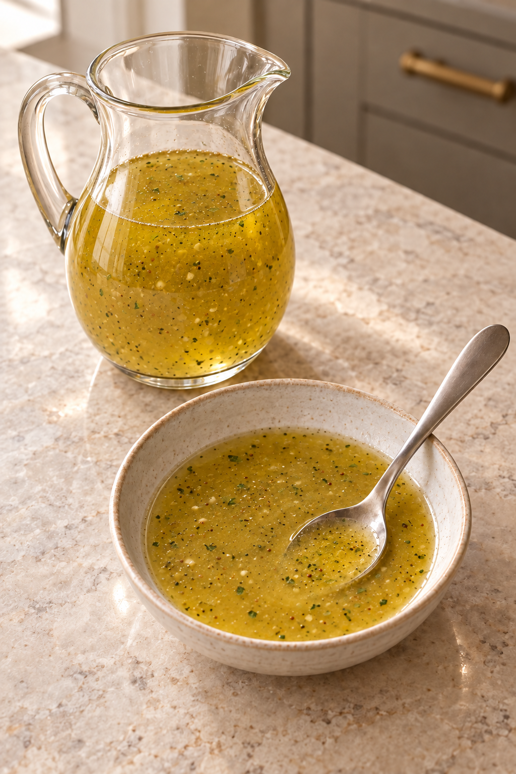 Pourable fresh sage vinaigrette in a clear pitcher and cream bowl