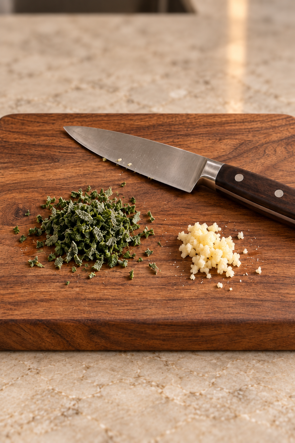 One tablespoon minced fresh sage and one minced garlic clove on a walnut board